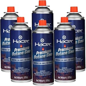 Hacer 6 x 225g Pure Butane Gas Cartridges for Camping Stove, Portable High Pressure Refill Fuel for Welding Torch, Fogging Machine & Lighters, Non-Freeze Canisters Pack of 6