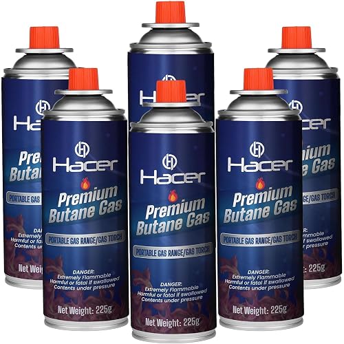 Hacer 6 x 225g Pure Butane Gas Cartridges for Camping Stove, Portable High Pressure Refill Fuel for Welding Torch, Fogging Machine & Lighters, Non-Freeze Canisters Pack of 6
