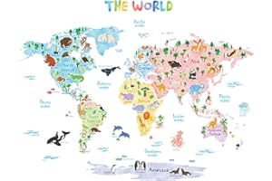DECOWALL DLT-1615 Mappa del Mondo Animali Adesivi da Parete Decorazioni Parete Stickers Murali Soggiorno Asilo Nido Camera da Letto per Bambini (Extra Grande) (Ver. Inglese)