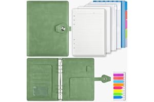 OMEYA PU Leather A5 Ring Binder Notebook, 6 Ring Binder with 200 Sheets Refill Papers, Planner Notebook with Dividers, Gifts for Women and Men, Refillable Notebook for Office, School (Olive Green)