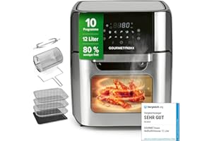 ‎GOURMETMAXX GOURMETmaxx Digitale Heißluftfritteuse 12 L, XXL-Edelstahl-Ofen | Airfryer + Timer, Touchdisplay, Drehspieß | fettarm, energiesparend frittieren | 10 Programme inkl. Pizza | 1800 W
