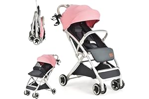 GYMAX Baby Foldable Stroller, Adjustable Backrest Pushchair with Safety Belt, Storage Basket, Leather Handle and Lockable Wheels,for 0-3 Years Olds Infant Kids (Pink)