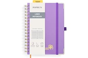 POPRUN Carnet de Notes Ligné A5 Spirale, Cahier Couverture rigide, Bullet Journal avec 141 Pages Numérotées, Papier 120 g/m², Étiquettes Autocollantes et 8 Feuilles Détachables, Violet-VT