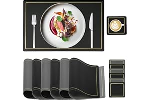 BENAEP Table Mats Set of 6, Placemats and Coasters Sets of 6, Washable Non-slip Heat Insulation PU Leather Dinner Table Place Mats for Home Restaurant(Rectangle, Black+Dark Grey)