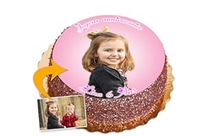 Disque Sucre Gateau Anniversaire Fille ou garçon - 20 cm - Décoration Photo - Votre Photo Comestible avec Votre Propre Photo, Fond uni Assorti et Texte personnalisé. Offrez Un gâteau Original !