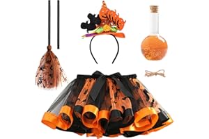 SUPERUM 4er Hexenkostüm Kinder Set,Halloween Kostüm Kinder Hexe Tutu Rock mit Hexenbesen & Stirnband & Zaubertrank Flasche,Hexen Kostüm Mädchen Halloween Witch Costume Hexenkleid für Fasching Karneval