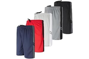 Real Essentials Boys' 5-Pack Mesh Active Athletic Performance Basketball Shorts with Pockets