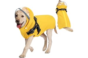 SlowTon Dog Raincoat - Hunderegenmantel mit Brustgeschirr, abnehmbare Kapuze, wasserdichte Regenjacke mit Reißverschluss, ärmelloser doppellagiger Hunderegenponcho mit reflektierenden