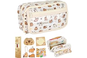 FYSL Estuche Kawaii Capibara, 9 Compartimentos con Peluche Capybara Bolígrafos Stickers y Llavero, Estuche Grande Resistente para Niños Niñas