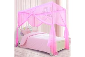 South To East Princess Canopy Bed Curtains, Kids Bed Canopy for Girls 4 Post Bed Curtains Princess Bed Decor for Girls Room Twin Size Pink, 79" * 39" * 75"