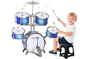 QIQUBOX Batterie Enfants Jouet Tambours Kit, Jazz Set 5 Pièces avec Tabouret Percussion Musique Drum Set Anniversaire Cadeaux de Noël pour 3 4 5 6 7Garçons Filles, Bleu