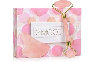 EMOCCI PRO Jade Roller Visage Gua Sha Rouleau De Jade Pierre Massage Quartz Rose de Outil Guasha veritable roller Rouleau de Jade Set Facial et Corps Masseur Naturel Authentique