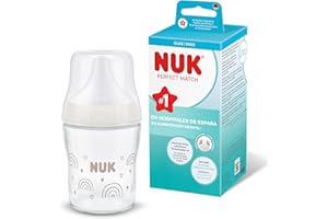 NUK Perfect Match Biberón | 0+ meses | 120 ml | Biberón anticólicos | Vidrio | Indicador de control de temperatura | Arcoíris | 1 unidad