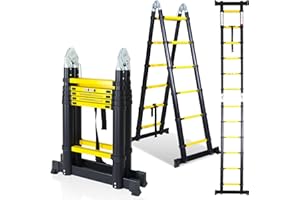 Tubiaz - Scala telescopica in alluminio, 3,8m, pieghevole, 1,9+1,9m, multifunzione, portata fino a 150 kg, colore nero e giallo
