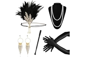 GRANTOP 1920 Accessories Set, 5pcs Great Gatsby Accessories with Headband Earrings Pearl Necklace Gloves Handheld Props, 1920s Flapper Costume Vintage Accessories for Women Girl
