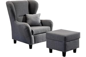 lifestyle4living | Moderner Ohrensessel mit Hocker in Grau | Wellenunterfederung, Echtholzfüße & Zierkissen inklusive | gemütlicher Designer Sessel im zeitlosen Landhaus-Stil