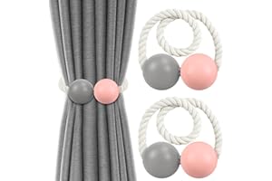 IAGORYUE Magnetic Curtain Tiebacks 2 Pcs Wooden Tie Backs Clips with Pretty Weave Rope Curtains Holdbacks No Drilling Drape Holder Buckles for Thin/Thick Home Office Hotel Window Drapery (Pink Grey)