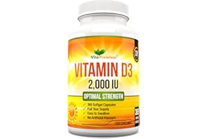 VITA PREMIUM Vitamin D 2,000 IU, Optimal Strength Vitamin D3 Supplement, 365 Easy to Swallow Softgels - Full Year Supply