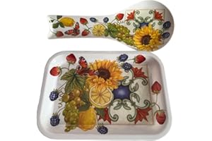 GMM Set Poggia Mestolo + Vassoio da Cucina, Set 2 Pz Appoggia Cucchiaio con Vassoio, Accessori da Cucina, Set Utensili da Cucina Multiuso, con STAMPA CAMPAGNA TOSCANA