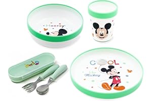 damaloo Mickey Mouse Kinder Geschirr rutschfest mit Kinderbesteck BPA frei - 5-teiliges Geschirrset mit Teller, Schüssel, Becher & Besteck für Baby - Wiederverwendbares Kindergeschirr Set
