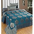 F2L Chenille Velvet Floral 500 TC Heavy Bedsheet for Double Bed King Size - 90 x 100 inch Aqua Color with 2 Pillow Covers