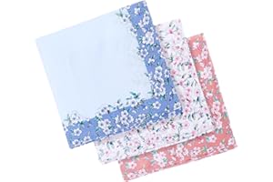 Bewudy 3 Pcs Ladies Printing Floral Handkerchiefs, Ladies Handkerchiefs, Women Soft Cotton Hankies, Pocket Square Towel Embroidery Ladies' Vintage Floral Handkerchief for the Wedding Party