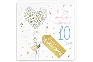 Hunts England - Son And Daughter-in-Law 10th Anniversary Card - 10 Years - Contemporary Hearts - Gold Foil - Luxury 10th Wedding Anniversary Card For Son And Daughter In Law - Milo's Gallery