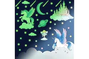 KAIRNE Pegatinas de Pared Fluorescente,Pegatinas Luminosas Infantiles Niña,Unicornio Pegatina Pared Decorativas Dormitorio Infantiles,Estrella Fluorescente Adhesivos para Techo Habitación Bebé Decor
