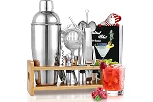 ‎GODMORN Cocktail Shaker Set, 750ml Edelstahl Shaker Set, 15 Teiliges Professionelles Cocktail Mix Set, Barkeeper Set mit Bambus Ständer, Rezeptbuch, Messbecher, Löffel, Geschenk Set für Bar, Zuhause