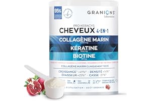 PRO KERACYS Cheveux 4 en 1 GRANIONS | Biotine Cheveux - Complement Alimentaire Cheveux - Collagene Marin, Biotine, Selenium, Keratine, Zinc, Vitamine B6 - Pousse Cheveux - Goût Grenade - 300g