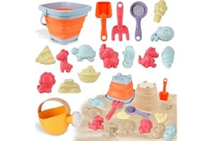 SINWIND Giochi Spiaggia Bambini, 17 Pezzi Giocattoli da Spiaggia con Secchiello Pieghevole, Annaffiatoio, Pala da Sabbia, Stampi, Giochi da Sabbiera, Giocattoli di Sabbia per Ragazzi Ragazze