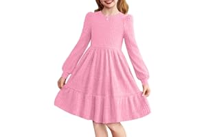 Arshiner Girls Long Sleeve Dress with Puff Sleeves Princess Elegant Party Dress Knit Jumper Casual Winter Dresses Crew Neck A-Line Solid Ribbed Knitted Dresses for Ages 6–14
