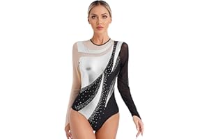 Vxuxlje Justaucorps Gymnastique Femme Body Danse Ballet à Manches Longues Strass Métallique Bodysuit Patinage Artistique Compétition Combinaison Gym Sport Yoga S-XXL