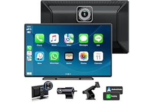 LAMTO Inalámbrico para Apple Carplay y Android Auto, 9" Portátil Radio Coche con Dashcam Frontal 2.5K,Cámara Interior 1080P,Carplay Radio con Tarjeta SD de 64GB/Bluetooth/GPS/Siri/Google/Mirror Link/AUX/FM