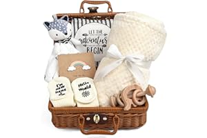 LOFTANK Newborn Baby Gift Set, Baby Birth Gift for Boys and Girls, 7 in 1 Set - A Baby Blanket, Lovey Security Blanket, Bib, Wooden Rattle Toy, Socks, Welcome Card, Deluxe Gift Box