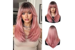 Esmee Peluca Larga Lacia Rosa para Mujeres con Flequillo Cabello Sintético Natural Peluca Ombre para Uso Diario y Fiestas