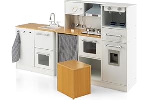 RELAX4LIFE Cucina Giocattolo per Bambini, Mini Cucina in Legno, Suoni e Luci Realistici, Cucina Giocattolo con Lavello, Fornelli, Microonde, Lavatrice, per Bambini 3+ Anni (Super Lussuosa)