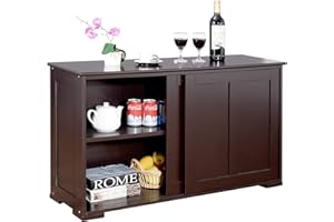 RELAX4LIFE Credenza da Cucina a Terra, Armadietto Portaoggetti in Legno con Ripiano Interno Regolabile e Ante Scorrevoli, Mobiletto Multiuso per Salotto, Sala da Pranzo e Corridoio (marrone)