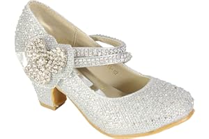 STYLO ONLINE Girls Diamante Shoes Kids Bridesmaid Wedding Prom Strappy Mary Jane Style Court Shoe Children Block Low Mid Heel Touch Fastening Party Formal Evening Dress Sandals