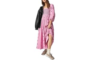Acrawnni Women's Flower Embroidered Maxi Dress Long Puff Sleeve Square Neck Smocked Tiered Bohemian Flowy Dress Beach Long Dress