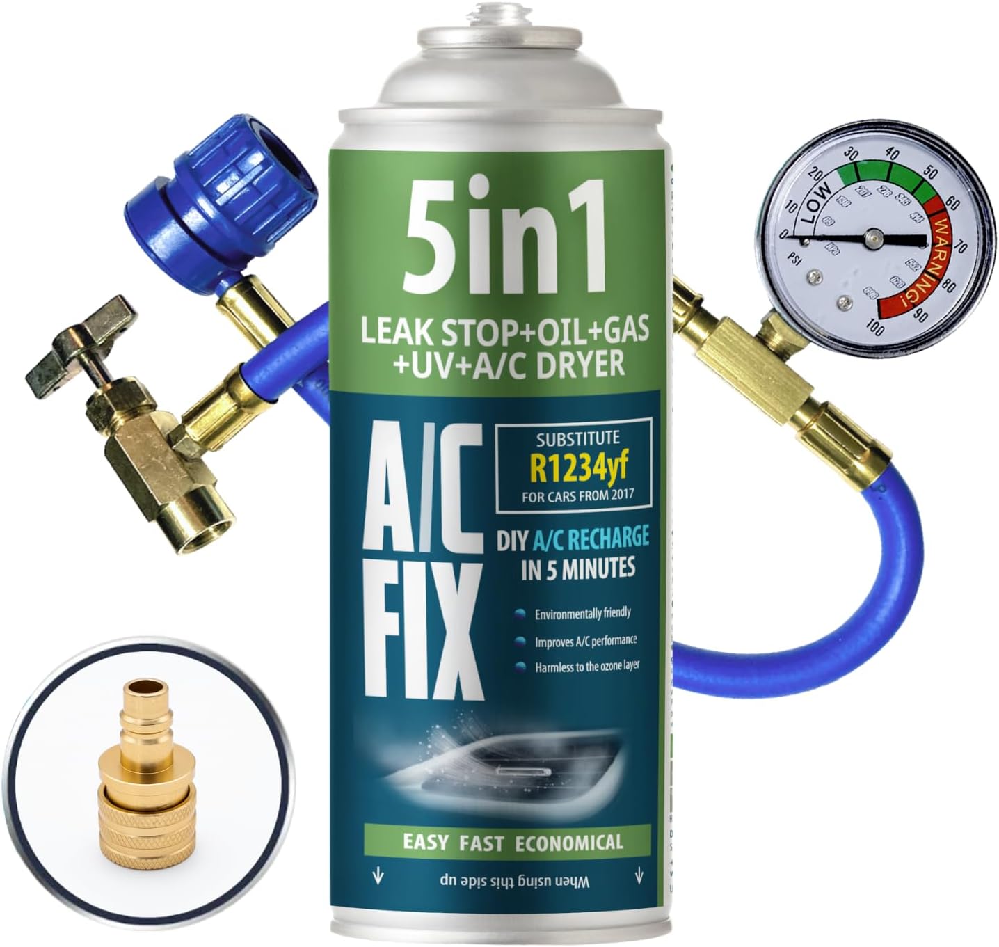 AC FIX 5-in-1 – R1234yf + Hose + Adapter Refrigerant for Car Air Conditioning with Oil, Sealant, UV Dye, Desiccant – Quick Application – Protects the Compressor
