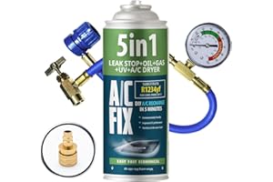 A/C FIX AC FIX 5-en-1 – R1234yf + Tuyau + Adaptateur Réfrigérant pour climatisation automobile avec huile, produit d'étanchéité, colorant UV, dessiccant – Protège le compresseur