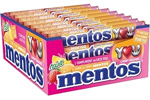 Mentos - Boîte de 40 Rouleaux Fruits - Bonbons Mentos aux Fruits, Tendres et Croquants, 3 Fruits Assortis - Fraise, Orange, Citron - Format Idéal pour Anniversaires - 40 Rouleaux à Partager