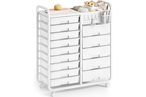 SYKIARIOL 14-Drawer-Storage-Craft-Organizer-Trolley-Cart with DIY Pegboard & Hanging Basket & 4 Hooks for Office, Home, School Classroom, Art Supplies, Mobile Craft Organizer Drawer Cart,White