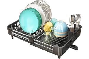 SAYZH Dish Drainer, Kitchen Dish Drainer Rack, Expandable(33.5 CM-50 CM) Stainless Steel Sink Organizer Dish Rack and Drainboard Set with Utensil Holder Cups Holder for Kitchen Counter(Black)