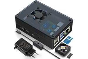 Miuzei Funda para Raspberry Pi 4 con interruptor de encendido/apagado USB-C de 5 V 3 A, carcasa de fuente de alimentación de 15 W, ventilador acrílico visible, disipador de calor de aluminio solo para