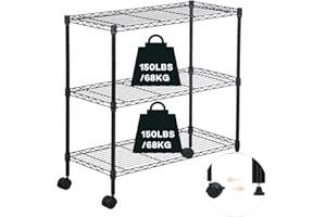 Actask Scaffale con Ruote, Scaffali a 3 Ripiani in Metallo con Piedini di Livellamento Regolabili per Cucina Bagno Garage Dispensa Piante Portaoggetti - 204 KG di Peso Massimo, Nero