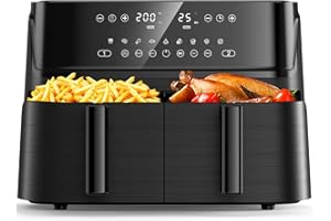 JYMIPA 10L Heißluftfritteuse 2 Kammern, 10 in 1 Dual Zone Air Fryer, Heissluftfritteuse Doppelkammer mit Digitales Bedienfeld, Vorheizen & Warmhalten, Smart und Timer Funktion, 40 Recepte, für 6-10 Personen