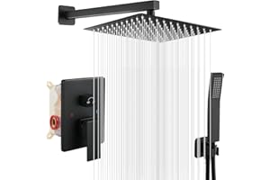 ROVOGO Black Shower System Concealed with 25 x 25 cm Overhead Rainfall Shower Head and Handheld Shower, Brass Shower Mixer Tap Set Wall Mounted, Stainless Steel Twin Head Shower System for Bathroom
