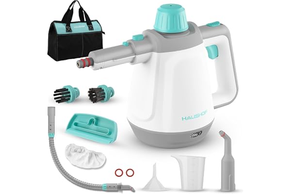 HAUSHOF Nettoyeur Vapeur a Main 450 ml Réservoir d'eau avec 8 Accessoires pour Adoucit Taches, Nettoyeur Vapeur Manuel Portable pour Canapé, Cuisine, Sol, Salle de Bain, Voiture